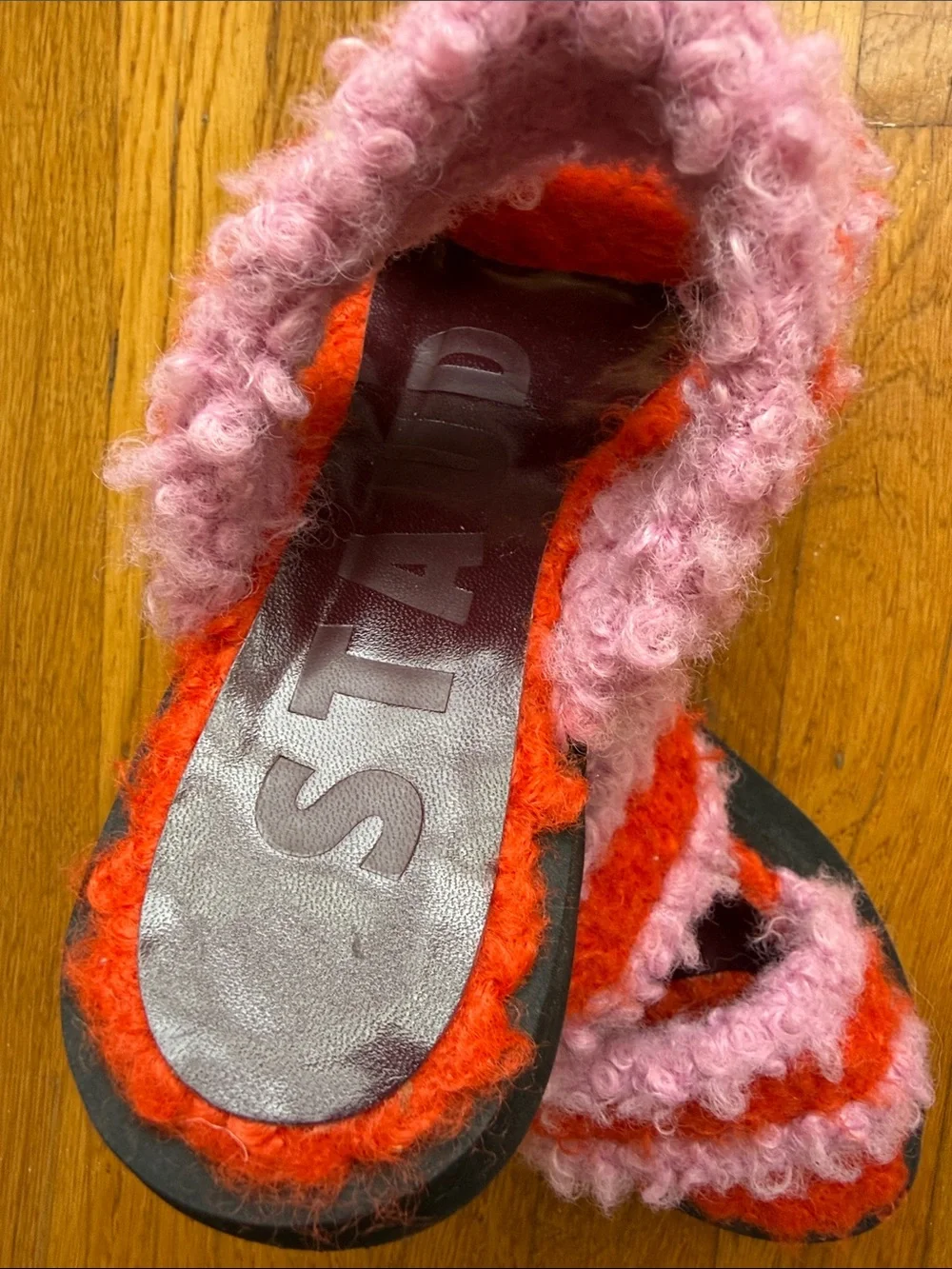NWOT STAUD Pink and Orange Fuzzy Platform Slide Sandals